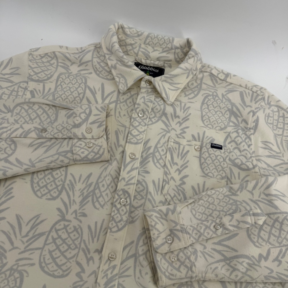 Chubbies Mens Large Pineapple Print Flannel Button Down Shirt Off White Grey